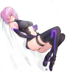 Rule 34 | 1girl, alracoco, bare shoulders, black gloves, breasts, clothing cutout, elbow gloves, fate/grand order, fate (series), gloves, hair over one eye, highres, large breasts, leotard, looking at viewer, mash kyrielight, multicolored clothes, navel, navel cutout, pink hair, purple eyes, short hair, solo, teeth, thigh strap