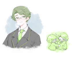 Rule 34 | 2boys, black jacket, blush, candy, closed mouth, collared shirt, dongrang (project moon), food, glasses, green eyes, green hair, green necktie, jacket, limbus company, lollipop, long sleeves, male focus, mole, mole on neck, multiple boys, necktie, project moon, samjo (project moon), scarf, shirt, simple background, smile, uchimura (rino0525), white background, white shirt, wing collar