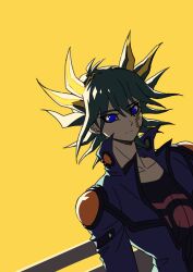 Rule 34 | 1boy, absurdres, black hair, black shirt, blue eyes, blue jacket, collarbone, dutch angle, facial mark, facial tattoo, frown, fudo yusei, high collar, highres, jacket, male focus, marking on cheek, multicolored hair, open clothes, open jacket, shirt, short hair, shoulder pads, simple background, solo, spiked hair, streaked hair, tattoo, upper body, yellow background, youko-shima, yu-gi-oh!, yu-gi-oh! 5d&#039;s