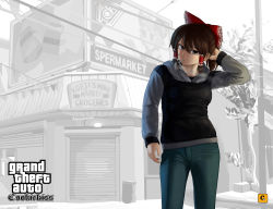 Rule 34 | 1girl, black sweater, blue pants, bow, breasts, brown eyes, brown hair, building, cigarette, closed mouth, commentary request, cookie (touhou), cowboy shot, flour, grand theft auto, grand theft auto: san andreas, grand theft auto iv, grey background, grey sweater, hair between eyes, hair bow, hair tubes, hakurei reimu, hand in own hair, highres, kofji (cookie), looking at viewer, maru (cookie), megafaiarou (talonflame 810), milk, nazrin, pants, red bow, short hair, smoking, solo, supermarket, sweater, touhou, trash can, tree, two-tone sweater