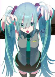 1girl, aqua eyes, aqua hair, aqua nails, aqua neckwear, aroe 420, backlighting, bare shoulders, black legwear, black skirt, breasts, chromatic aberration, collared shirt, cowboy shot, detached sleeves, dot nose, expressionless, eyebrows visible through hair, eyelashes, fingernails, from above, grey shirt, hair between eyes, hand in hair, hands up, hatsune miku, highres, holding, holding hair, legs apart, lips, long hair, looking at viewer, looking up, lower teeth, nail polish, necktie, number, number tattoo, open mouth, outstretched hand, pleated skirt, shaded face, shiny, shiny hair, shiny skin, shirt, shoulder tattoo, simple background, skirt, sleeveless, sleeveless shirt, small breasts, solo, standing, straight hair, tareme, tattoo, teeth, thighhighs, tie clip, translucent hair, twintails, very long hair, vocaloid, white background, zettai ryouiki