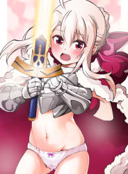 Rule 34 | 1girl, armor, artoria pendragon (all), artoria pendragon (fate), breastplate, breasts, cosplay, excalibur (fate/stay night), fate/kaleid liner prisma illya, fate (series), gauntlets, highres, illyasviel von einzbern, long hair, looking at viewer, mochi (k620803n), open mouth, panties, red eyes, saber (fate), saber (fate) (cosplay), solo, sword, thighs, underwear, weapon, white hair, white panties
