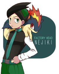Rule 34 | 1boy, aqua necktie, arm behind back, belt, black hair, black vest, character name, closed mouth, creatures (company), english text, fire, game freak, gen 2 pokemon, green eyes, green hair, half-closed eyes, hand on own hip, long sleeves, looking at viewer, male focus, minashirazu, multicolored hair, necktie, nintendo, on shoulder, pokemon, pokemon (creature), pokemon dppt, pokemon on shoulder, quilava, red eyes, shirt, short hair, simple background, thorton (pokemon), two-tone background, two-tone hair, vest, white shirt