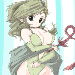 Rule 34 | 1990s (style), 1girl, breasts, cleavage, detached sleeves, final fantasy, final fantasy iv, green eyes, green hair, junsama, rydia (ff4), whip