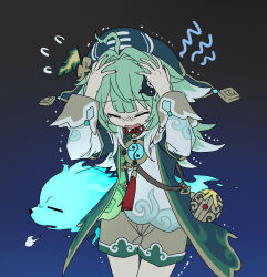 Rule 34 | 1boy, 1girl, annoyed, blue background, brown shorts, closed eyes, colored tips, fiery tail, flipped hair, flying sweatdrops, gradient background, green hair, green headwear, green jacket, hands on own head, hat, highres, honkai: star rail, honkai (series), huohuo (honkai: star rail), jacket, long hair, long sleeves, looking down, multicolored hair, nage (sacosui ng), open mouth, scared, shaking, shirt, shorts, tail, tail (honkai: star rail), talisman, tassel, white hair, white shirt, yin yang hair ornament