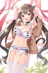 Rule 34 | 1girl, :d, animal ear fluff, animal ears, bare shoulders, black choker, bow, bra, breasts, brown hair, brown jacket, cat ears, cat girl, cat tail, choker, cleavage, fang, frilled bra, frilled panties, frills, fujikura ryuune, garter belt, hair bow, hair ornament, hairclip, hands up, highres, jacket, large breasts, long hair, long sleeves, looking at viewer, midriff, navel, off shoulder, open clothes, open jacket, open mouth, original, panties, panties over garter belt, pink eyes, smile, solo, standing, stomach, tail, thighhighs, thighs, twintails, underwear, underwear only, very long hair, white bra, white panties, white thighhighs, x hair ornament