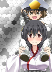 Rule 34 | 10s, 1boy, 1girl, :d, admiral (kancolle), armband, black hair, blush, breasts, brown eyes, brown hair, carrying, commentary request, detached sleeves, hair between eyes, hair ornament, hand on another&#039;s head, hat, hexagon, highres, holding legs, japanese clothes, kantai collection, large breasts, little boy admiral (kancolle), military, military hat, military uniform, nontraditional miko, open mouth, oversized clothes, peaked cap, piggyback, rappa (rappaya), shoes, short hair, shoulder carry, smile, uniform, upper body, wavy mouth, wide sleeves, yamashiro (kancolle)