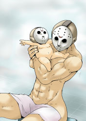 Rule 34 | 2boys, baby, friday the 13th, gradient background, highres, hockey mask, indoors, jason voorhees, male focus, mask, multiple boys, muscular, nude, penis, small penis, towel, tukiwani, what