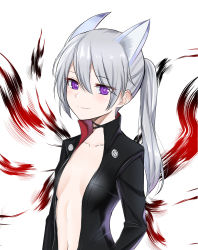 Rule 34 | 1girl, animal ears, bad id, bad pixiv id, black jacket, black ribbon, breasts, choker, cleavage, closers, collarbone, hair between eyes, highres, jacket, kuki panda (wkdwnsgk13), long hair, looking at viewer, navel, no bra, open clothes, open jacket, ponytail, purple eyes, ribbon, ribbon choker, short hair, silver hair, simple background, small breasts, smile, solo, tina (closers), upper body, white background