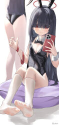 Rule 34 | 2girls, absurdres, animal ears, black hair, black leotard, blue archive, blush, breasts, cellphone, closed mouth, detached collar, fake animal ears, feet, hair over eyes, highres, holding, holding phone, justice task force member (blue archive), kenma pro, leotard, long hair, medium breasts, multiple girls, phone, rabbit ears, red eyes, smartphone, socks, strapless, strapless leotard, white socks, wrist cuffs