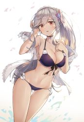 Rule 34 | 1girl, adjusting hair, aliceblue, azur lane, bikini, blue gemstone, blush, breasts, butterfly hair ornament, choker, cleavage, collarbone, dunkerque (azur lane), dunkerque (summer sucre) (azur lane), flower, gem, grey hair, hair ornament, hairband, hand on own chest, highres, jacket, large breasts, long hair, looking at viewer, md5 mismatch, navel, off shoulder, open clothes, open jacket, open mouth, pink eyes, ponytail, purple bikini, resolution mismatch, side-tie bikini bottom, sidelocks, solo, source smaller, stomach, swimsuit, thighs