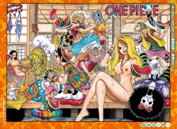 Rule 34 | 2girls, 6+boys, abs, black hair, blonde hair, blue hair, bracelet, breasts, brook (one piece), cat, fan, food, franky (one piece), fruit, green hair, hand on own head, hat, highres, jewelry, kanji, monkey d. luffy, multiple boys, multiple girls, nami (one piece), necklace, nico robin, nipples, nude filter, oda eiichirou, one piece, open mouth, orange hair, pearl necklace, pink shorts, roronoa zoro, sanji (one piece), shorts, smile, straw hat, tagme, third-party edit, tongue, tongue out, tony tony chopper, towel, towel around neck, towel on head, usopp, watermelon