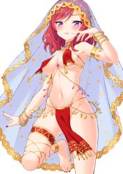 Rule 34 | 1girl, absurdres, armband, armpits, bare shoulders, blush, bracelet, breast curtains, breasts, chain, cleavage, commentary, commission, covered erect nipples, dancer, eyelashes, feet, forehead, gem, gluteal fold, gold chain, gold trim, hand to own mouth, hand up, highres, jewelry, loincloth, looking at viewer, love live!, medium breasts, medium hair, nail polish, navel, necklace, nemou, nishikino maki, no bra, no panties, parted bangs, parted lips, pelvic curtain, pixiv commission, purple eyes, red nails, revealing clothes, simple background, single bare leg, solo, standing, standing on one leg, star (symbol), star print, thigh strap, thighs, toes, veil, white background