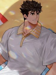 Rule 34 | 1boy, bara, beach, black hair, collared shirt, frown, full service (mazjojo), gyee, highres, looking to the side, male focus, manly, mature male, muscular, muscular male, outdoors, rald schwarz, shirt, solo, spiked hair, teeth, user gggs3572, yellow eyes