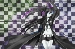 Rule 34 | 10s, 1girl, artist name, bikini, bikini top only, black hair, black rock shooter, black rock shooter (character), blue eyes, character name, checkered background, colored skin, copyright name, glowing, glowing eye, glowing eyes, hood, hooded jacket, jacket, long hair, looking at viewer, navel, shorts, solo, swimsuit, twintails, villyane, white skin