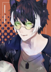 Rule 34 | 1boy, absurdres, black hair, black jacket, border, collared jacket, commentary, dog tags, glasses, gradient-tinted eyewear, green-tinted eyewear, grey-framed eyewear, grey shirt, hair between eyes, highres, holostars, inset border, jackal boy, jackal tail, jacket, jewelry, kageyama shien, leaf print, looking at viewer, luoji (a luoji), male focus, multicolored hair, necklace, open clothes, open jacket, open mouth, orange background, print jacket, purple background, round eyewear, shirt, short hair, signature, smile, solo, streaked hair, t-shirt, teeth, tinted eyewear, twitter username, two-tone background, two-tone hair, upper body, upper teeth only, virtual youtuber, white border, white hair, yellow-tinted eyewear, yellow eyes
