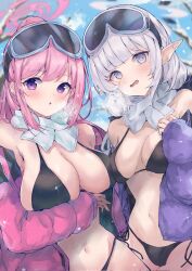 Rule 34 | 2girls, alternate costume, arm under breasts, bare shoulders, bikini, black bikini, blue archive, blush, bow, breasts, breath, cleavage, collarbone, cosplay, day, eimi (blue archive), eimi (blue archive) (cosplay), eimi (swimsuit) (blue archive), eyewear on head, goggles, goggles on head, grey eyes, grey hair, hair ornament, halo, highres, himari (blue archive), jacket, karappo (poket12), large breasts, long hair, long sleeves, looking at viewer, medium breasts, multiple girls, navel, official alternate costume, open clothes, open jacket, open mouth, out-of-season outfit, outdoors, padded jacket, parted lips, pink hair, pink halo, pink jacket, pointy ears, ponytail, purple eyes, purple hair, scarf, side-tie bikini bottom, sidelocks, ski goggles, snow, snowing, stomach, swimsuit, white hair, winter, winter clothes, winter out-of-season outfit