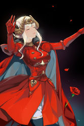 Rule 34 | 1girl, black background, breasts, buttons, cape, closed mouth, commentary request, crown, crying, double bun, dress, edelgard von hresvelg, elbow gloves, closed eyes, fake horns, fire emblem, fire emblem: three houses, flower, gloves, hair bun, highres, horned headwear, horns, jewelry, lips, long sleeves, medium breasts, misu kasumi, multicolored cape, multicolored clothes, nintendo, petals, red cape, red dress, red flower, red gloves, red rose, rose, rose petals, short hair, solo, tears, white cape, white hair