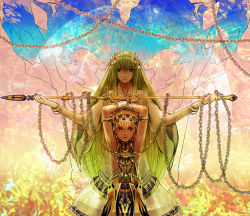 Rule 34 | 2boys, armlet, armor, blonde hair, bracelet, chain, circlet, enkidu (fate), enkidu (weapon) (fate), fate/strange fake, fate (series), gilgamesh (fate), green hair, jewelry, long hair, lots of jewelry, mpn, multiple boys, necklace, red eyes, staff