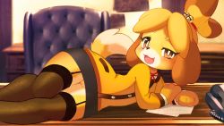 Rule 34 | 1girl, :3, ancesra, animal crossing, animal ears, animal hands, animal nose, arm support, bell, black skirt, black thighhighs, blonde hair, blurry, blurry background, blush, body fur, bright pupils, brown hair, buttons, chair, cleft of venus, corded phone, desk, dog ears, dog girl, dog tail, fang, female focus, flat chest, furry, furry female, garter straps, hair bell, hair ornament, hair tie, half-closed eye, happy, highres, indoors, isabelle (animal crossing), jacket, jingle bell, legs together, long sleeves, looking at viewer, lying, miniskirt, multicolored hair, neck ribbon, nintendo, no panties, on desk, on side, open mouth, paper, parted bangs, pencil skirt, phone, pocket, pussy, red ribbon, ribbon, shirt, short hair, skirt, smile, snout, solo, tail, thighhighs, tongue, topknot, two-tone fur, two-tone hair, uncensored, uneven eyes, upskirt, white fur, white pupils, white shirt, wide hips, yellow eyes, yellow fur, yellow jacket