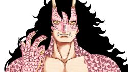 Rule 34 | 1boy, absurdres, alternate form, black hair, claws, closed mouth, collarbone, commentary, english commentary, fangs, highres, jolsuke, kouzuki momonosuke, long hair, looking at viewer, male focus, one piece, simple background, solo, wavy hair, white background