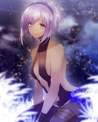 Rule 34 | 1girl, blurry, breasts, closed mouth, collarbone, dark-skinned female, dark skin, dekoyama, depth of field, fate/prototype, fate/prototype: fragments of blue and silver, fate (series), grass, hairband, hassan of serenity (fate), highres, looking at viewer, night, night sky, outdoors, purple eyes, purple hair, short hair, short hair with long locks, sidelocks, sitting, sky, small breasts, smile, solo, star (sky), starry sky, unitard