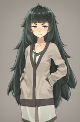 Rule 34 | 1girl, absurdres, blunt bangs, collarbone, cowboy shot, dress, flat chest, green eyes, green hair, grey background, hands in pockets, highres, hiyajou maho, jacket, long hair, looking at viewer, minamito, simple background, solo, steins;gate, steins;gate 0, thick eyebrows