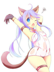 Rule 34 | 1girl, animal ears, arm behind head, armpits, arms up, blue eyes, blue hair, blush, bodysuit, cat ears, cowboy shot, elin, gloves, highres, kt cano, long hair, matching hair/eyes, one eye closed, open mouth, simple background, solo, stretching, tail, tears, tera online, thighlet, thighs, white background, wide hips, wink, yawning