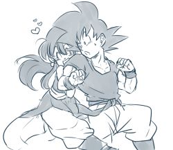 Rule 34 | 1boy, 1girl, black eyes, black hair, chi-chi (dragon ball), chinese clothes, clenched hands, couple, dougi, dragon ball, closed eyes, greyscale, happy, heart, hetero, hug, hug from behind, long hair, looking back, monochrome, nervous, open mouth, ponytail, short hair, simple background, smile, son goku, spiked hair, sweatdrop, tkgsize, white background, wristband