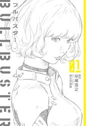 Rule 34 | bodysuit, breasts, bullbuster, copyright name, cover, cover page, expressionless, head tilt, kubonouchi eisaku, looking at viewer, medium breasts, nikaidou arumi, novel cover, official art, short hair, spot color, white background
