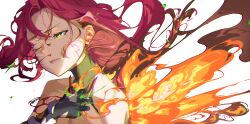 Rule 34 | 1girl, absurdres, bare shoulders, black gloves, breasts, cleavage, closed mouth, fire, gloves, highres, honkai (series), honkai impact 3rd, johnny-chan, medium breasts, murata himeko, murata himeko (vermillion knight), one eye closed, red hair, simple background, solo, upper body, white background, yellow eyes