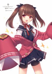 Rule 34 | &gt;:d, 10s, 1girl, :d, bike shorts, blunt bangs, blush, brown hair, cardigan, character name, cowboy shot, crown, fang, frilled shirt collar, frills, gunslinger stratos, hands in opposite sleeves, hands up, legs apart, looking at viewer, open mouth, red eyes, rindou shizune, sacraneco, sailor collar, shorts, shorts under skirt, sidelocks, simple background, smile, solo, sparkle, twintails, twitter username, v-shaped eyebrows, white background