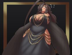 Rule 34 | 1girl, ahoge, bare shoulders, bird tail, black dress, black feathers, black hair, black wings, blush, breasts, chain, cleavage, commentary, dress, english commentary, feathered wings, feathers, flying sweatdrops, gold chain, green eyes, hair over one eye, harpy, highres, hip vent, huge ahoge, kooby521, large breasts, long hair, meme attire, modakawa dress, monster girl, original, sideboob, solo, tail, tan, wavy hair, winged arms, wings
