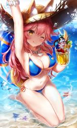 Rule 34 | 10s, 1girl, animal ear fluff, animal ears, arm up, bare shoulders, beach, bikini, blue bikini, blush, bracelet, breasts, closed mouth, collarbone, cup, ears through headwear, fate/extra, fate/grand order, fate (series), food, fox ears, fox tail, fruit, hair between eyes, hat, highres, ice cream, innertube, jewelry, large breasts, licking lips, long hair, looking at viewer, mug, narae, navel, necklace, ocean, one eye closed, pink hair, pocky, side-tie bikini bottom, sidelocks, smile, solo, sparkle, starfish, straw hat, string bikini, sun hat, swim ring, swimsuit, tail, tamamo (fate), tamamo no mae (fate/extra), tamamo no mae (swimsuit lancer) (fate), tongue, tongue out, water drop, yellow eyes