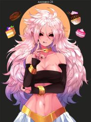 Rule 34 | 1girl, android 21, black nails, black sclera, bracelet, breasts, cake, character name, cleavage, colored sclera, colored skin, cupcake, doughnut, dragon ball, dragon ball fighterz, earrings, food, hoop earrings, ivorare, jewelry, large breasts, long hair, looking at viewer, macaron, majin android 21, messy hair, nail polish, navel, pink hair, pink skin, pointy ears, red eyes, solo, stomach, strapless, tube top, upper body, very long hair
