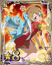 Rule 34 | 10s, 1girl, all fours, brown hair, china dress, looking at viewer, mini dragon, open mouth, pina (sao), red eyes, red skirt, short hair, silica, skirt, solo, sword art online, wrist cuffs