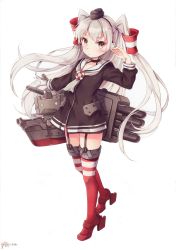 Rule 34 | 10s, 1girl, absurdres, amatsukaze (kancolle), brown eyes, dress, full body, gloves, hairband, highres, kantai collection, long hair, nyanya, rensouhou-kun, sailor dress, scan, short dress, silver hair, solo, thighhighs, turret, two side up, uniform, very long hair, white background, zettai ryouiki