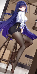 Rule 34 | 1girl, absurdres, bag, black pantyhose, black skirt, blue eyes, breasts, chinese commentary, closed mouth, commentary request, from side, full body, highres, honkai (series), honkai impact 3rd, large breasts, legs, long hair, long legs, long sleeves, looking at viewer, looking to the side, pantyhose, purple hair, raiden mei, raiden mei (apho), shirt, shirt tucked in, sitting, skirt, smile, solo, stool, thighs, white shirt, wu ganlan cai
