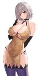 Rule 34 | 1girl, absurdres, arm behind back, artier&#039;s character, bare shoulders, black choker, black gloves, blade &amp; soul, breasts, china dress, chinese clothes, choker, cleavage, clothing cutout, commission, contrapposto, covered navel, cowboy shot, doggo34476335, dress, elbow gloves, finger to cheek, fingerless gloves, floral print, gloves, grin, hand up, head tilt, highres, large breasts, looking at viewer, mole, mole on breast, mole under eye, panties, panty straps, pelvic curtain, pixiv commission, purple thighhighs, red eyes, short dress, short hair, side-tie panties, side-tie peek, simple background, sleeveless, sleeveless dress, smile, solo, standing, string panties, thighhighs, thighs, underboob, underboob cutout, underwear, white background, white hair, yellow dress