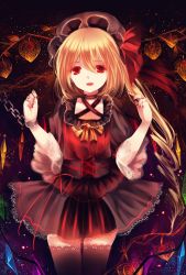 Rule 34 | 1girl, abstract background, alternate costume, black thighhighs, blonde hair, blood, blood on hands, chain, cowboy shot, dark background, dress, fangs, fingernails, flandre scarlet, hat, hat ribbon, highres, lace, lace-trimmed dress, lace-trimmed legwear, lace-trimmed sleeves, lace trim, light particles, looking at viewer, mob cap, moseley, nail polish, open mouth, red eyes, red nails, ribbon, short sleeves, side ponytail, smile, solo, thighhighs, touhou, wings, zettai ryouiki