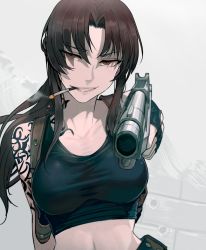Rule 34 | 1girl, aiming, aiming at viewer, belt, beretta 92, black lagoon, breasts, brown eyes, brown hair, bullet hole, cigarette, commentary request, fingerless gloves, gloves, grin, gun, hair intakes, handgun, holding, holding gun, holding weapon, holster, long hair, looking at viewer, medium breasts, mouth hold, navel, pistol, ponytail, revy (black lagoon), shadow, shoulder holster, shoulder tattoo, smile, smoke, solo, tank top, tattoo, upper body, walzrj, weapon