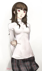 Rule 34 | 1girl, against wall, alternate hairstyle, braid, brown hair, long hair, looking away, niijima makoto, ozkh, persona, persona 5, red eyes, signature, simple background, skirt, solo, sweat, sweater, white sweater