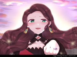 Rule 34 | 1girl, blush, breasts, brown hair, choker, cleavage, cloud, cloudy sky, collarbone, crying, dorothea arnault, dress, earrings, fire emblem, fire emblem: three houses, green eyes, happy birthday, highres, jewelry, long hair, looking at viewer, mesaia33, nintendo, red dress, ring, sky, solo, tearing up, tears, upper body