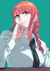 Rule 34 | 1girl, absurdres, black necktie, braid, braided ponytail, breasts, business suit, chainsaw man, collared shirt, formal, green background, hand on own chin, highres, looking to the side, makima (chainsaw man), medium breasts, medium hair, necktie, neckwear request, original nasu, pink hair, ringed eyes, shirt, simple background, solo, suit, upper body, white shirt, yellow eyes