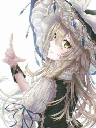 Rule 34 | 1girl, absurdres, black dress, black hat, blonde hair, blue bow, blush, bow, braid, brown hair, closed mouth, commentary request, crystal, dress, fingernails, frills, from behind, gradient hair, hair between eyes, hand up, hat, hat bow, highres, jewelry, kirisame marisa, light brown hair, long hair, looking at viewer, looking back, multicolored hair, puffy short sleeves, puffy sleeves, ribbon-trimmed sleeves, ribbon trim, shirt, short sleeves, simple background, single braid, smile, solo, teeth, touhou, tqg 07, white background, white bow, white shirt, witch hat, wristband, yellow eyes