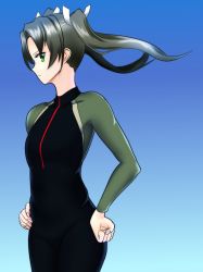 Rule 34 | black bodysuit, blue background, bodysuit, breasts, clenched hand, cosplay, diving suit, floating hair, from side, gradient background, green bodysuit, green eyes, hair ribbon, hands on own hips, highres, kantai collection, light frown, long hair, long sleeves, looking at viewer, looking to the side, raglan sleeves, ribbon, silver hair, small breasts, solo, twintails, wata nuki, wetsuit, white ribbon, wind, zuikaku (kancolle)