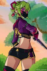 Rule 34 | 1girl, ass, back, black gloves, black mask, black thighhighs, body markings, breasts, bush, butt crack, cropped jacket, cropped legs, dagger, genshin impact, gloves, green hair, highres, holding, holding dagger, holding knife, holding weapon, jacket, king apple05, knife, kuki shinobu, looking at viewer, mask, mouth mask, ninja mask, partially fingerless gloves, purple eyes, purple jacket, rope, small breasts, sunset, thighhighs, tree, weapon