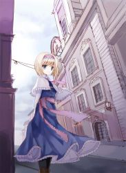 Rule 34 | 1girl, alice margatroid, arms behind back, bad id, bad pixiv id, blonde hair, blue dress, blue eyes, boots, capelet, cierra (ra-bit), dress, female focus, hairband, pantyhose, perspective, ra-bit, road, sash, short hair, solo, street, touhou, town, wind