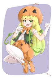 Rule 34 | 10s, 1girl, :d, bow, bowtie, bubble skirt, center frills, clenched hands, commentary, fangs, frills, full body, gloves, green eyes, green hair, highres, jack-o&#039;-lantern (kemono friends), kemono friends, long hair, looking at viewer, maccha pudding (dragonmaster464), open mouth, orange bow, orange bowtie, orange footwear, pantyhose, pumpkin on head, shirt, shoes, signature, simple background, skirt, smile, solo, white gloves, white pantyhose, white shirt