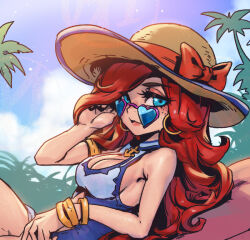 Rule 34 | 1girl, anchor symbol, armlet, bare shoulders, blue eyes, blue one-piece swimsuit, bow, bracelet, breasts, brown hat, cleavage, cloud, cowboy shot, day, freckles, from side, hand in own hair, hand up, hat, jewelry, large breasts, league of legends, long hair, miss fortune (league of legends), one-piece swimsuit, outdoors, palm tree, phantom ix row, pool party miss fortune, red bow, red hair, shiny skin, smile, solo, sun hat, swimsuit, tree